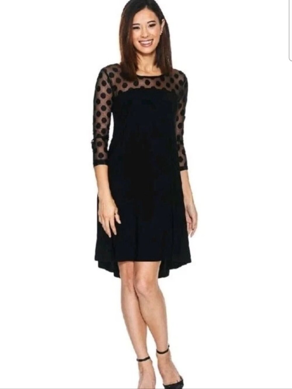 NWT Nina Leonard Polka-Dot Illusion Swing/Trapeze 3/4 Sleeve Dress Womens Size L